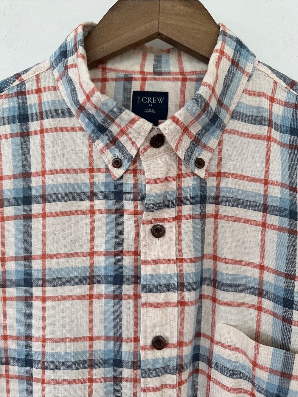 J. Crew Men’s Plaid Button-Down Shirt in Cream, Blue & Red-Orange, 💯 Cotton